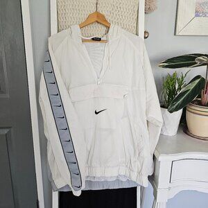 Nike White Pullover Windbreaker | Size L Black & Silver Swoosh Logo Accents